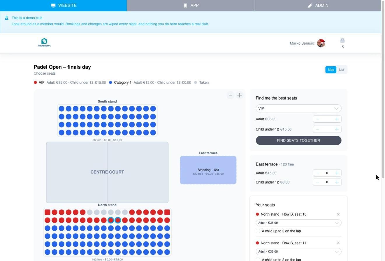 Choosing seats on the club website