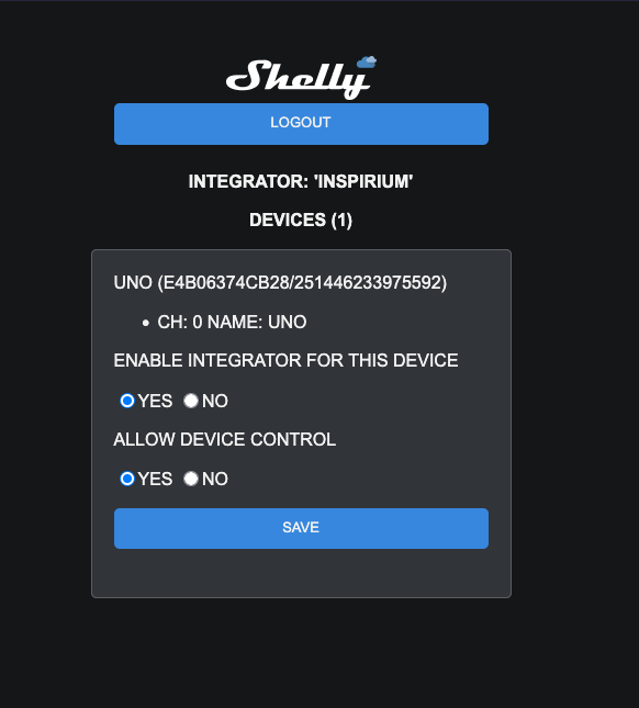 Autorisation d'un appareil Shelly