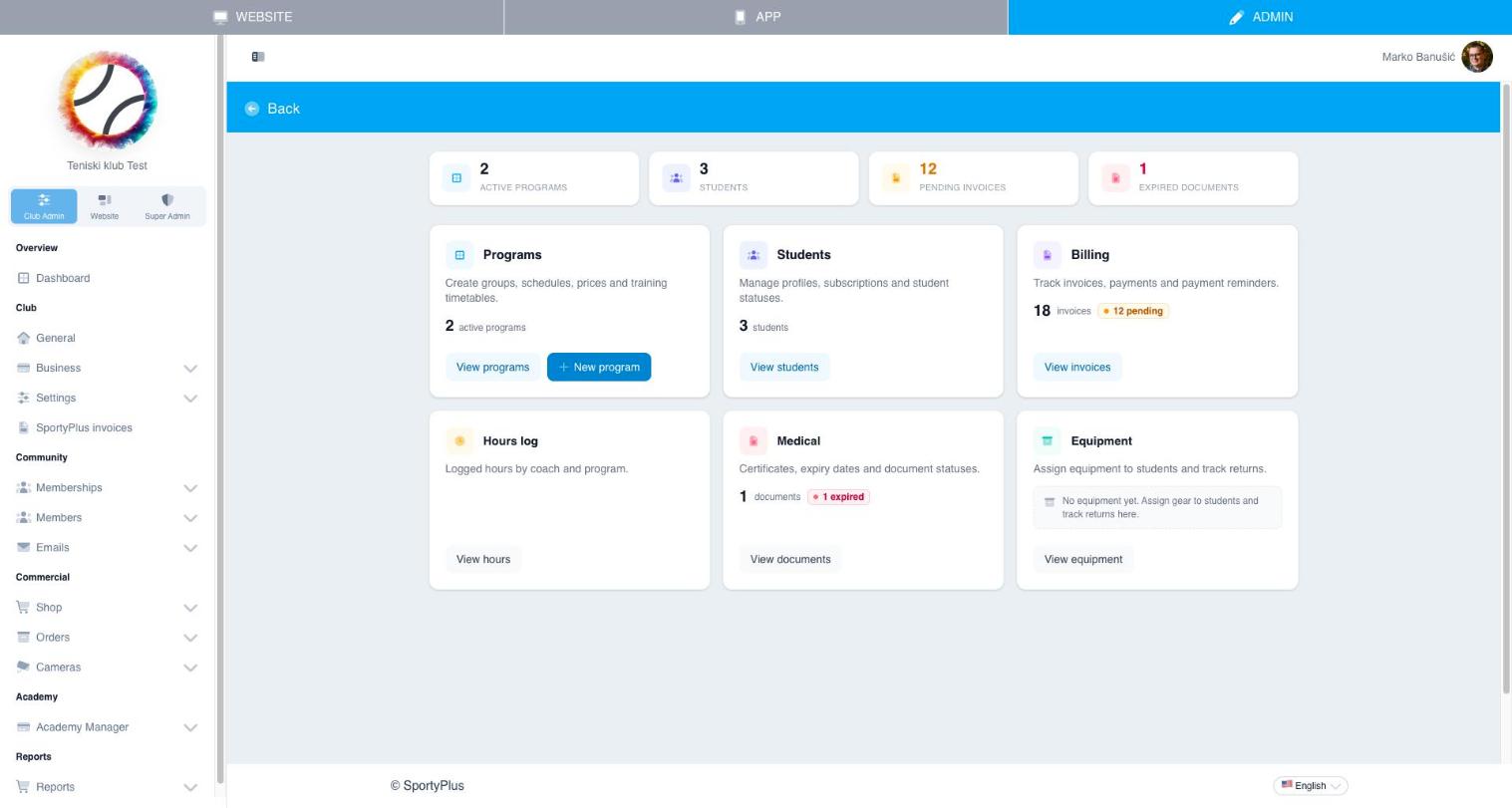 Academy Manager dashboard