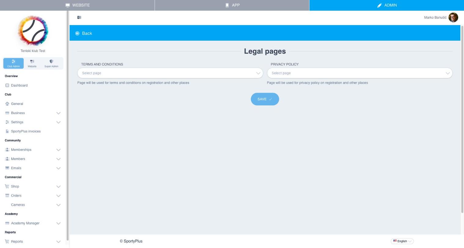 Legal pages settings